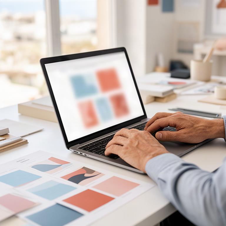 Diseñadora revisando una página web en un portátil junto a muestras de color en un estudio luminoso